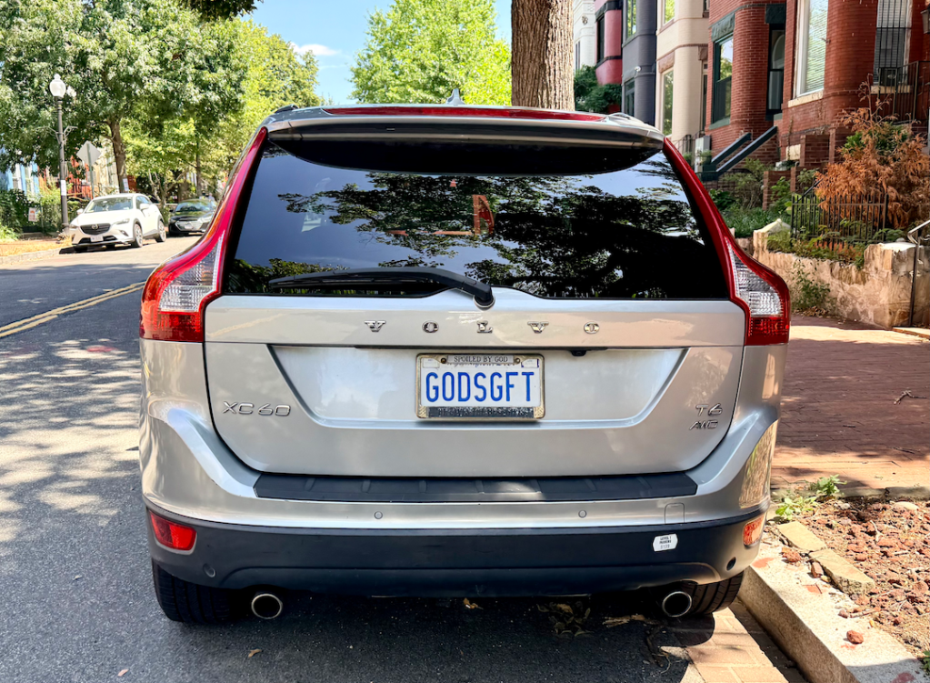 Karla Lewis's vanity license plate reading GOD'S GIFT