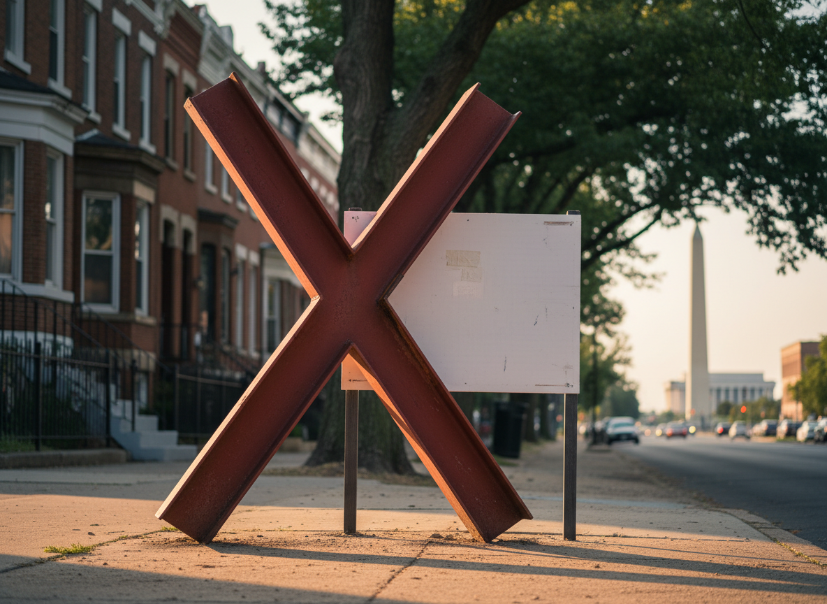 A stark, oversized red “X” constructed from weathered metal beams dominates the foreground, its rough texture catching sharp highlights, symbolically crossing out a blank, generic campaign sign on a metal stand. The sign is completely white with no text, only faint tape marks and scuffs, suggesting rejection. Behind it stretches a recognizable Washington, DC streetscape with low brick rowhouses and distant, softly blurred monuments. Late afternoon light creates long, dramatic shadows across the sidewalk and street, heightening the bold, confrontational mood. Shot at eye level with a slightly wide lens, the composition uses rule of thirds and shallow depth of field for photographic realism, conveying a clear, forceful call to vote against an unnamed candidate without showing any people or readable words.